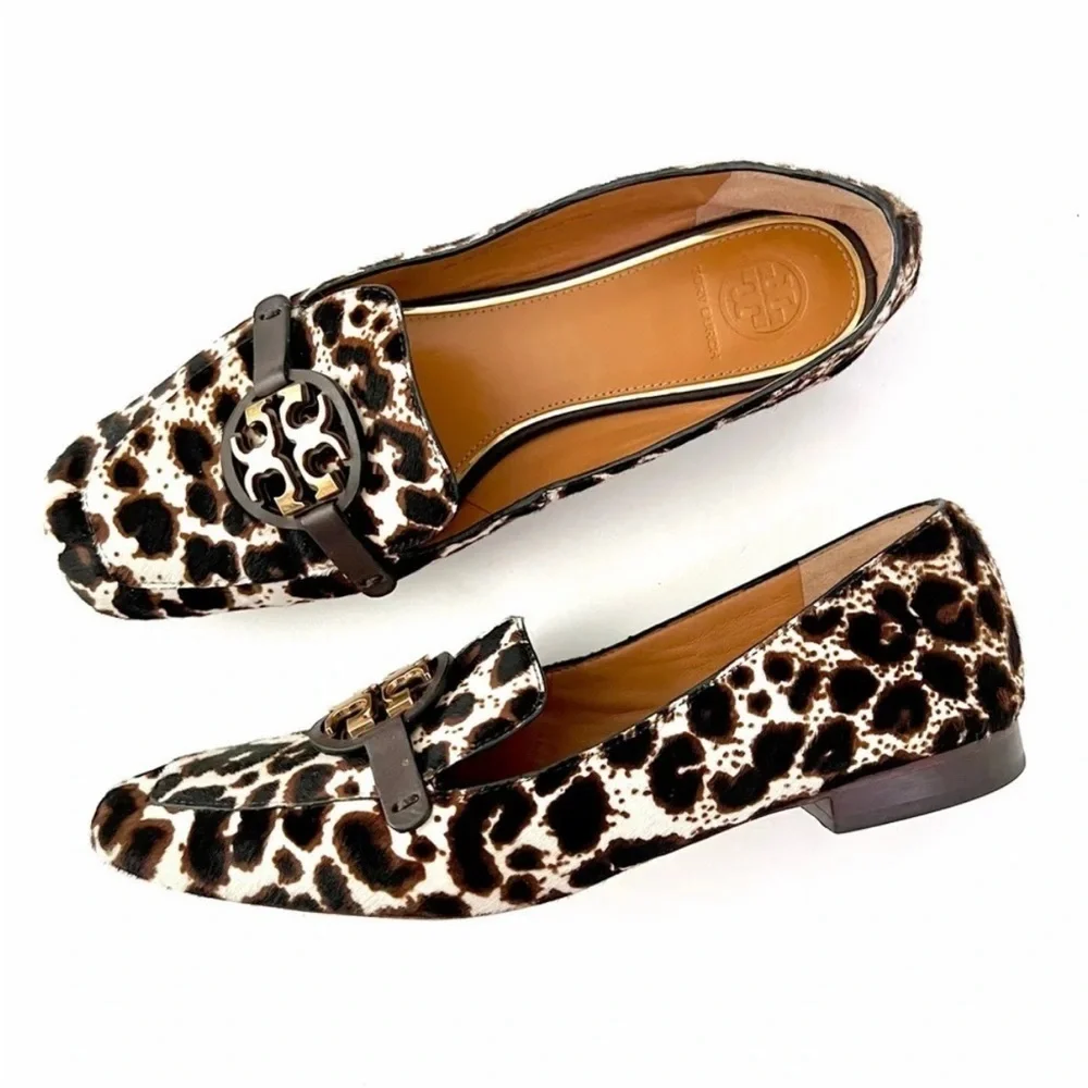 TORY BURCH | Cream Leopard Gold Haircalf Metal Miller Loafers 7.5M